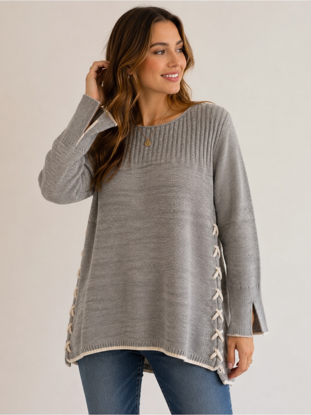 Knox Rose Gray Lace-Up Side Tunic Sweater Soft Knit XS - Picture 8 of 8